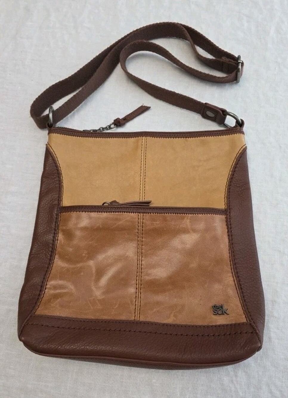 The Sak Patchwork Crossbody Purse Brown Tan Leather Adjustable Buttery Soft